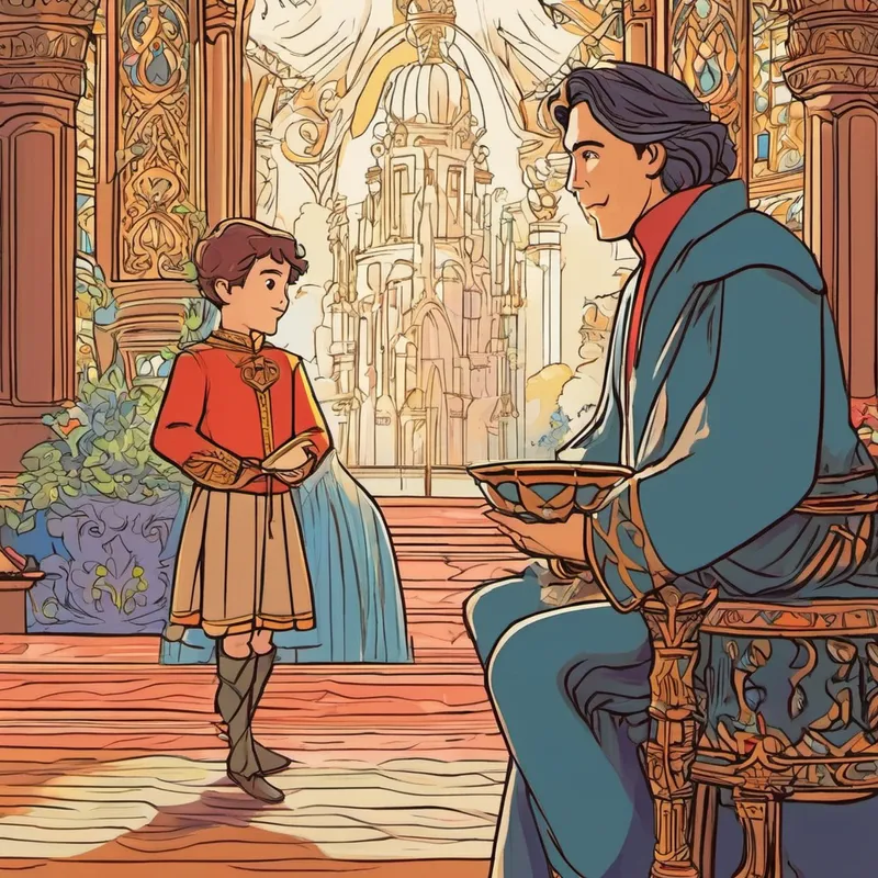 El príncipe, decidido a rescatar a la princesa, recita el encantamiento y muestra su valentía enfrentando pruebas difíciles. Finalmente, el mago le entrega la copa mágica al príncipe y le explica cómo usarla. El príncipe agradece al mago y corre de regreso al palacio para encontrar a la princesa.