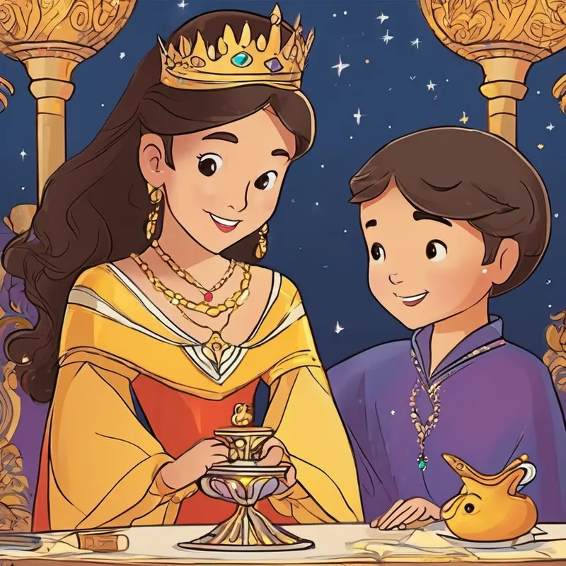 'Princesa', dice el príncipe con suavidad, 'he traído la copa mágica que te devolverá tu belleza'. La princesa, con una pequeña sonrisa, toma la copa de manos del príncipe y bebe de ella. De repente, una luz brillante la envuelve y, poco a poco, su apariencia cambia. Vuelve a ser la princesa más linda de todo el mundo.