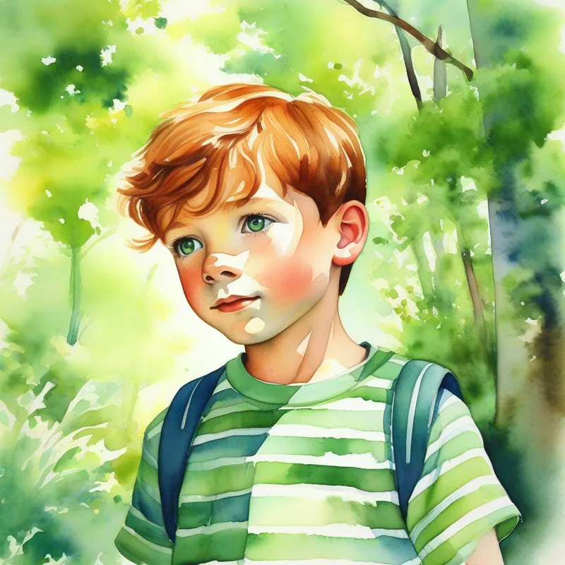 Chestnut-haired boy; freckles; curious eyes; green striped shirt's house; lush green forest; bright sunny day