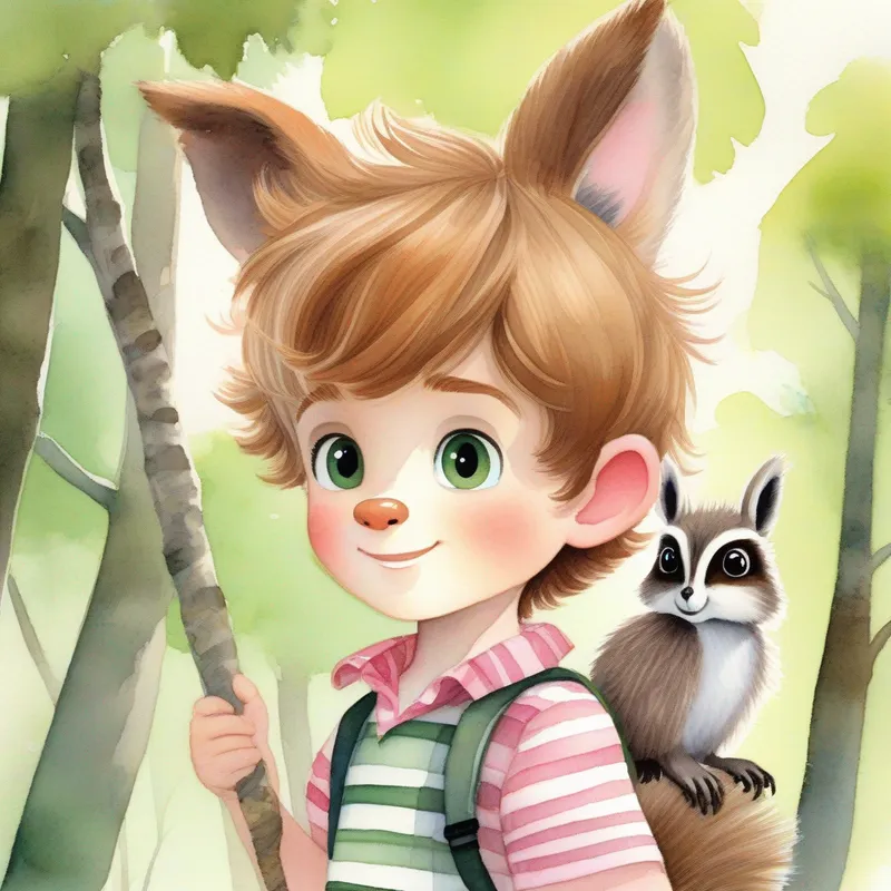 Chestnut-haired boy; freckles; curious eyes; green striped shirt meets Cheeky raccoon; bushy tail; black-and-gray fur, Energetic squirrel; inquisitive eyes; acorn necklace, Playful bunny; white fur; pink polka-dot bow, Wise owl; wide, intelligent eyes; feathers in shades of brown; lively forest