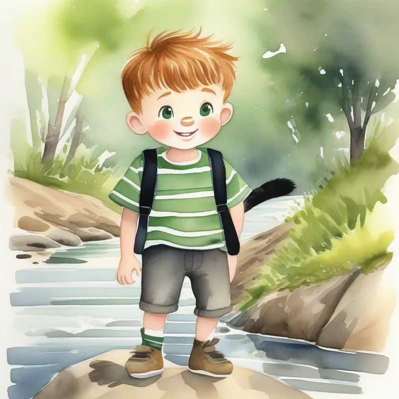 Chestnut-haired boy; freckles; curious eyes; green striped shirt jumps over stream; Cheeky raccoon; bushy tail; black-and-gray fur motivates; Bennie gains confidence