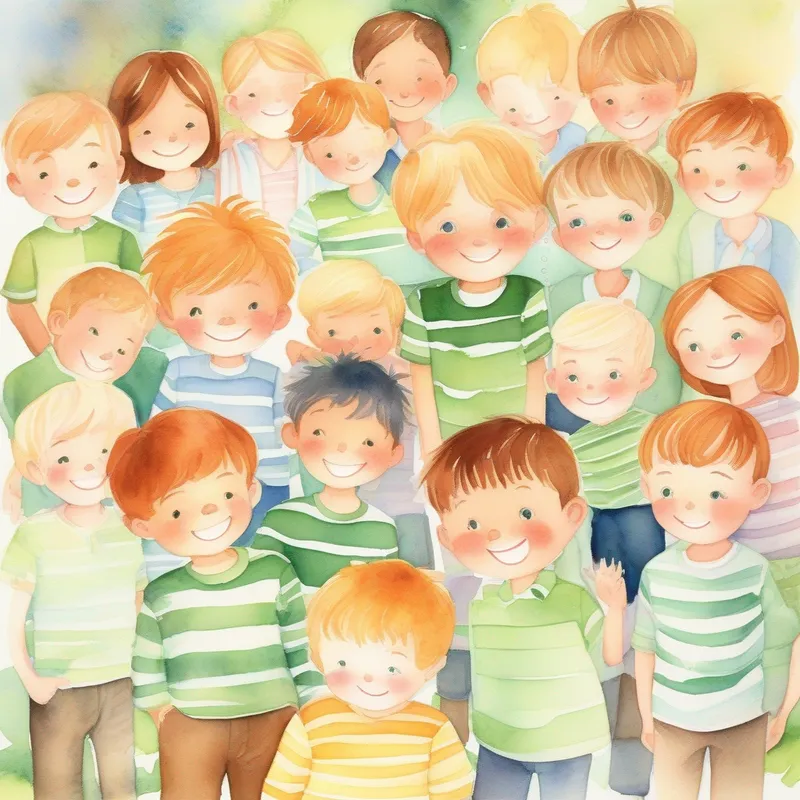 Sunset; Chestnut-haired boy; freckles; curious eyes; green striped shirt and his friends say goodbye; Bennie's happy heart