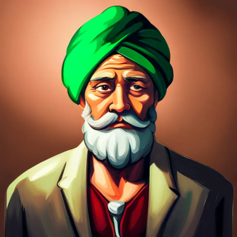Wise leader with a green turban, surrounded by light. standing tall, wearing a green turban