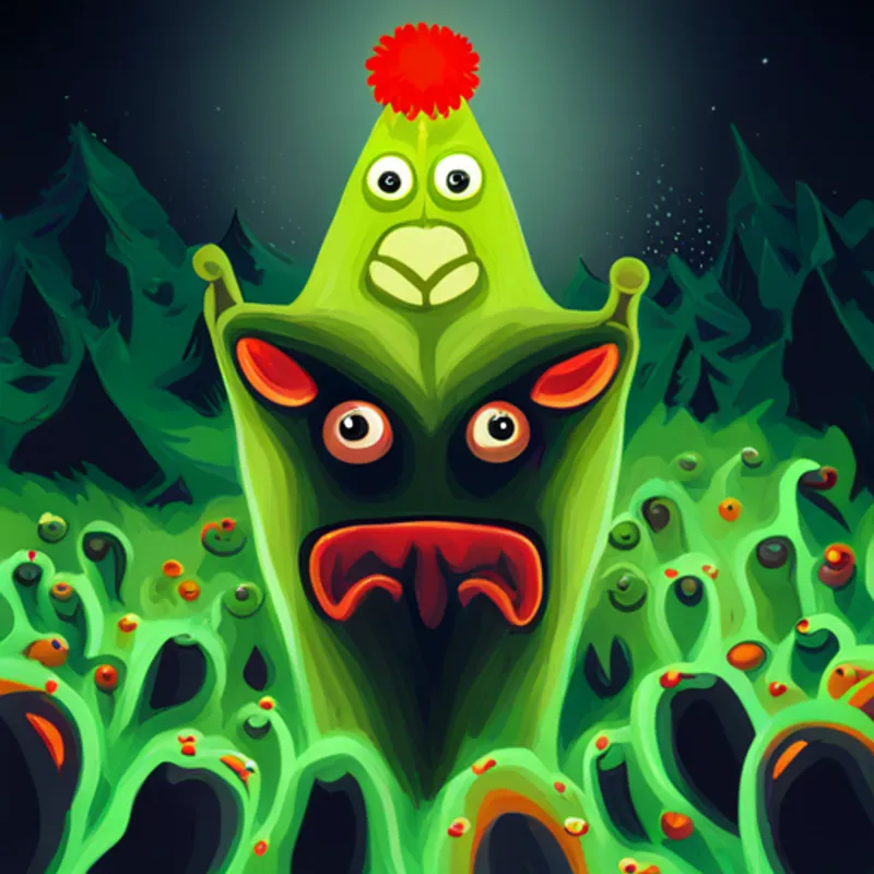 Wise leader with a green turban, surrounded by light. facing a fierce, red-eyed monster
