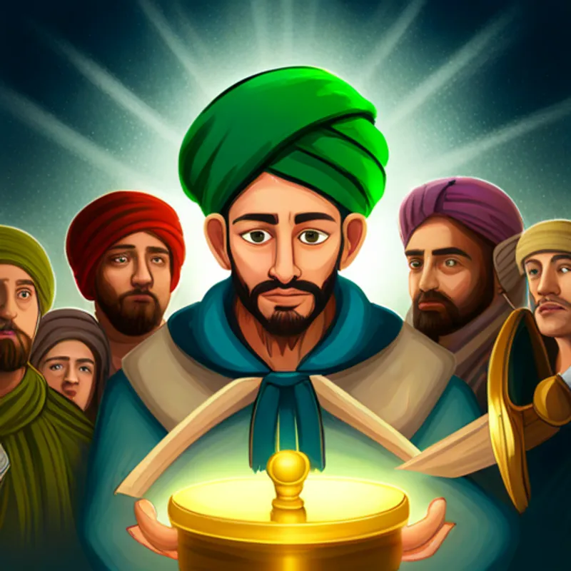 Wise leader with a green turban, surrounded by light. holding a golden scale, surrounded by people