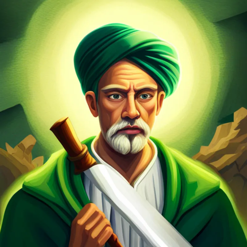 Wise leader with a green turban, surrounded by light. wielding a silver sword shining brightly