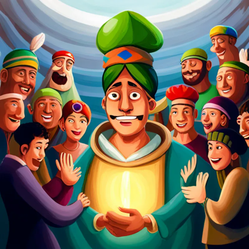 Wise leader with a green turban, surrounded by light. surrounded by a diverse group of joyful people