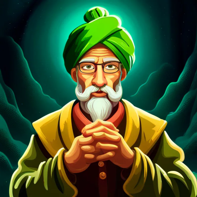 Wise leader with a green turban, surrounded by light. symbolizing hope with a glowing lantern