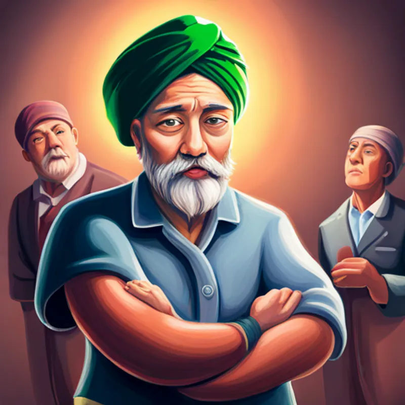 Wise leader with a green turban, surrounded by light. with people joining hands, working together