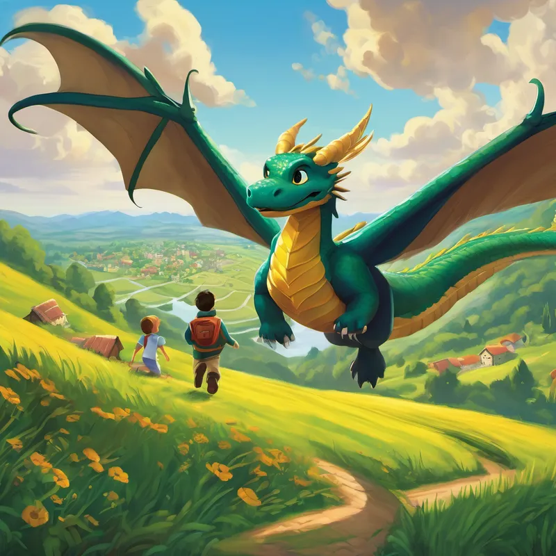 One sunny day, while soaring through the sky, Drake noticed a village nestled in a valley below. Curiosity got the better of him, and he decided to take a closer look. As he flew closer, he noticed a group of children playing in the fields. Their laughter filled the air, and Drake's heart swelled with joy. Cautiously, Drake landed nearby, his massive wings folding behind him. The children noticed the dragon and gasped in fear, but Drake smiled, hoping to ease their worries. Slowly, he approached the children and spoke with his gentle voice.