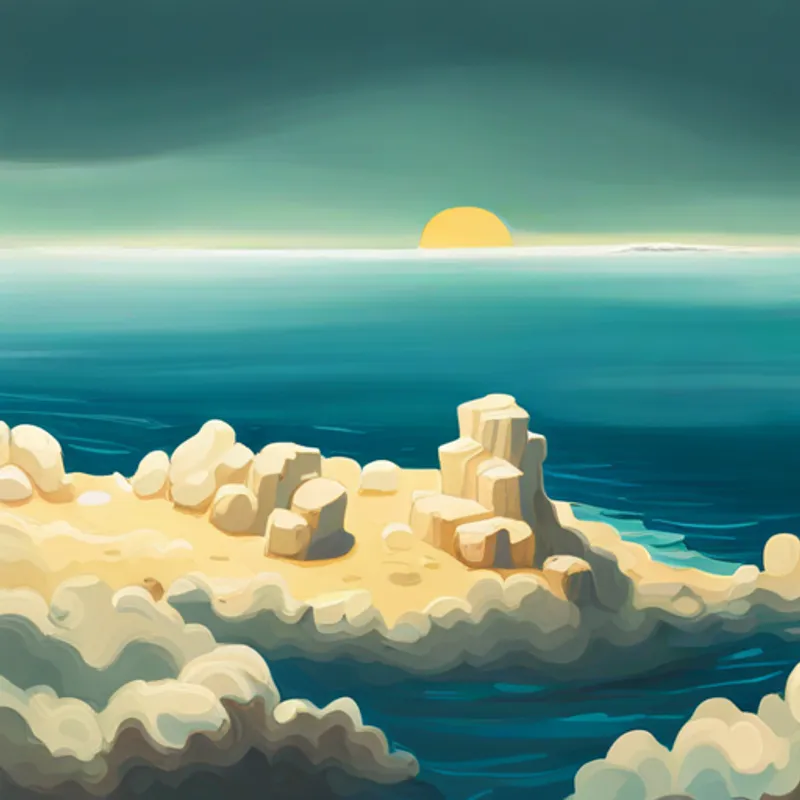 Islas flotantes sobre el mar, con cielo estrellado