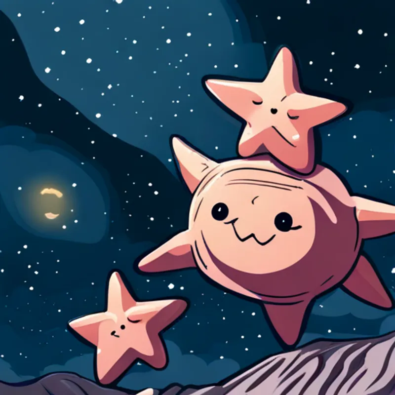 Criatura llevando mensajes de estrellas a Personas sonrientes, admirando y respetando a la criatura curiosas