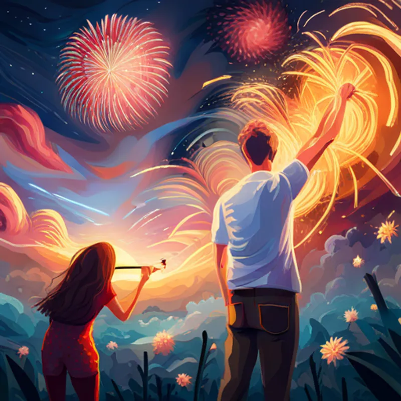 Criatura y Personas sonrientes, admirando y respetando a la criatura felices celebrando con fuegos artificiales
