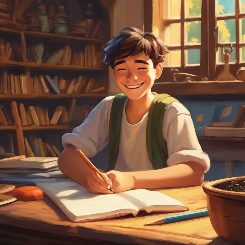 Alex writing down story titles with a big smile on his face