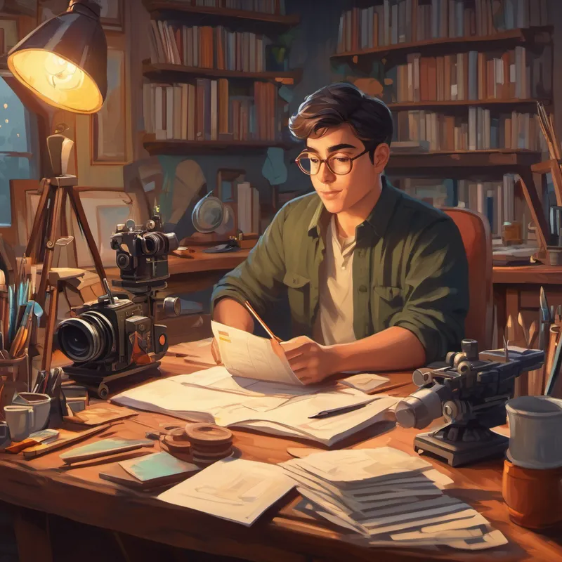 Alex sitting at his desk, surrounded by his list and filming equipment
