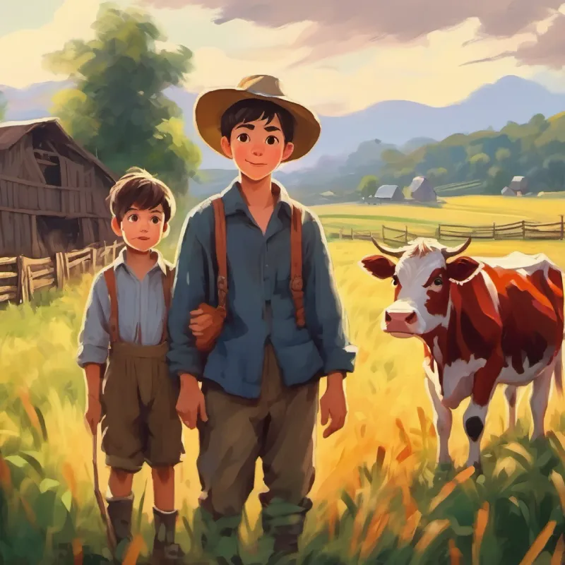 Introduction, young boy, determined eyes, scruffy clothes and his mother on a farm, poor, selling cow.