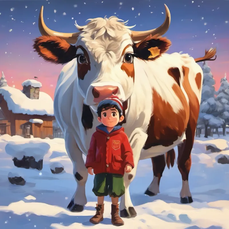 young boy, determined eyes, scruffy clothes is instructed to sell the cow.