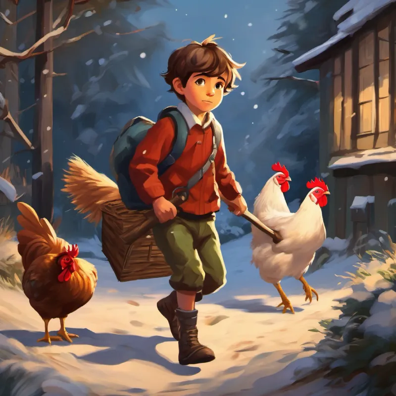 young boy, determined eyes, scruffy clothes escapes with hen, giant follows, needs an axe.