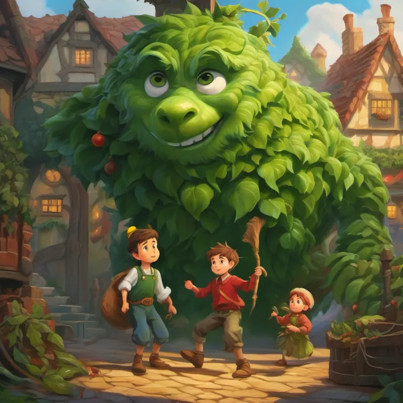 young boy, determined eyes, scruffy clothes and mother chop down beanstalk, defeating giant.