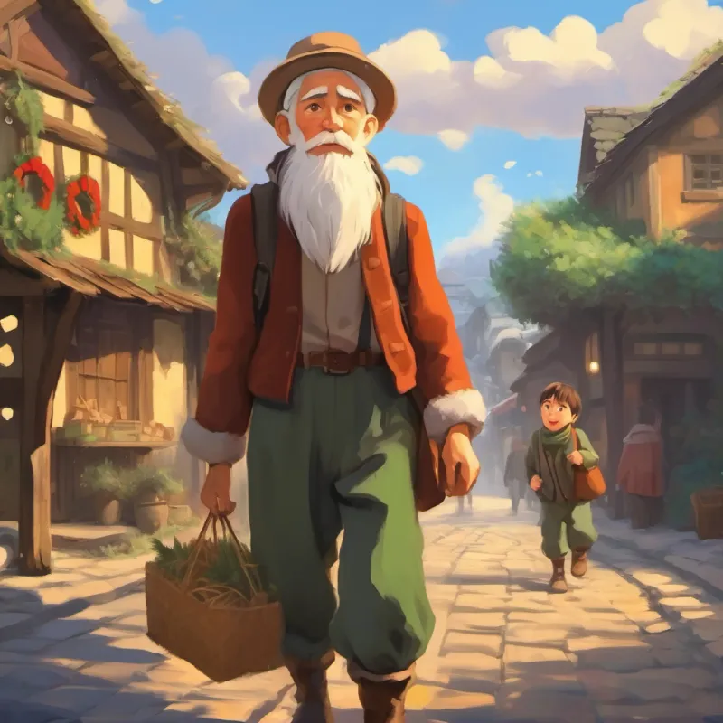 young boy, determined eyes, scruffy clothes meets an old man on the way to market.