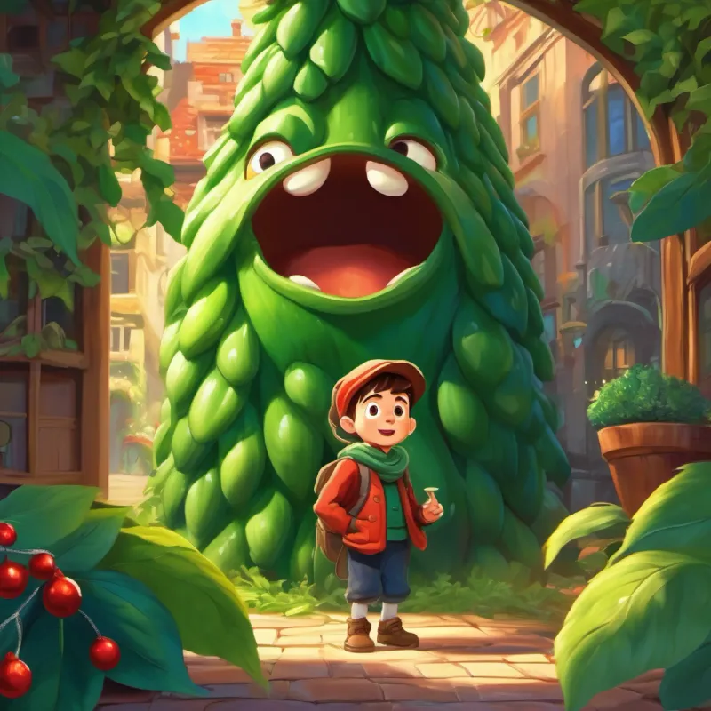 A giant beanstalk grows, young boy, determined eyes, scruffy clothes is curious.