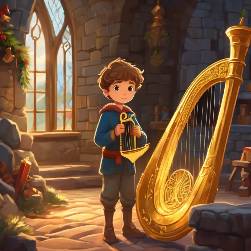 young boy, determined eyes, scruffy clothes discovers a castle and a golden harp.