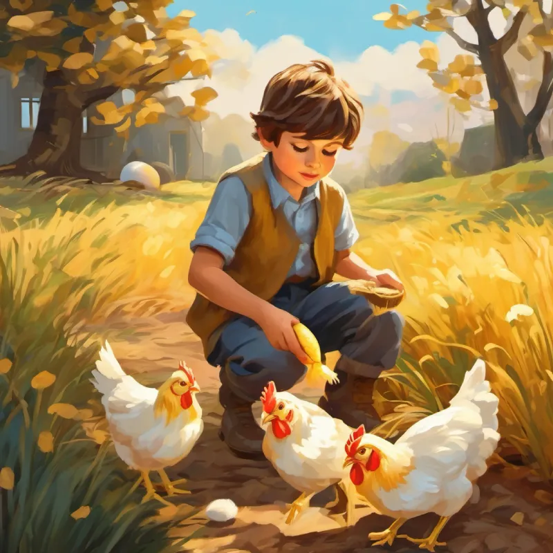 young boy, determined eyes, scruffy clothes finds a hen that lays golden eggs.
