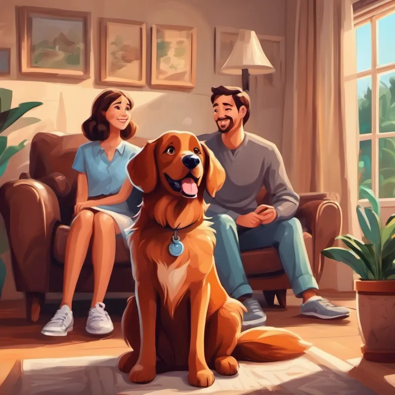 A cute brown dog with a wagging tail. sitting next to a happy family at home
