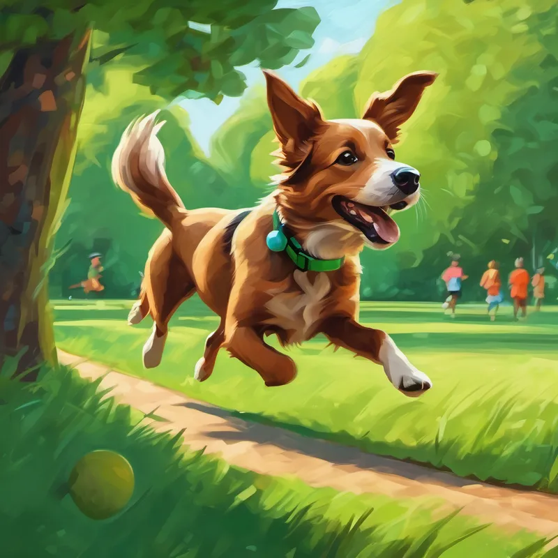A cute brown dog with a wagging tail. running in a green park, chasing a ball
