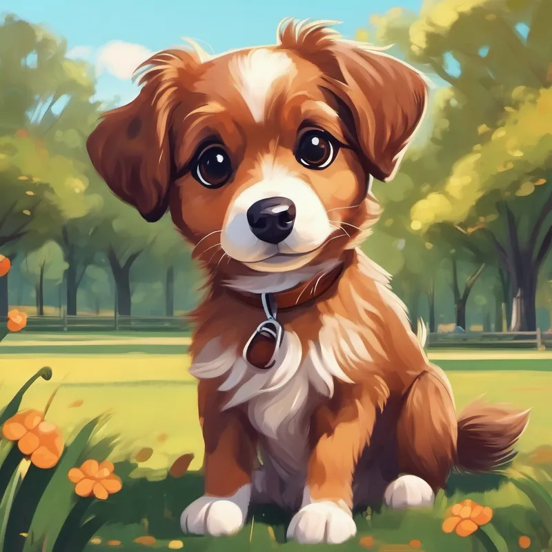 A cute brown dog with a wagging tail. finding a tiny puppy in a big park