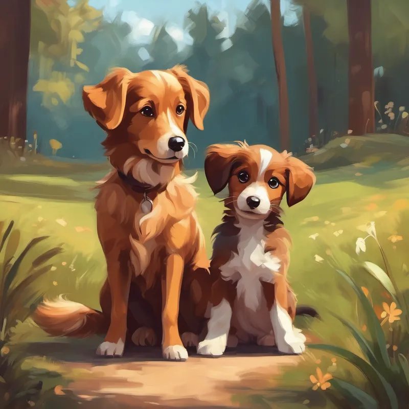 A cute brown dog with a wagging tail. and A tiny puppy with playful eyes and floppy ears. playing and wagging their tails