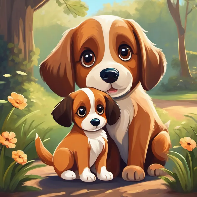 A cute brown dog with a wagging tail. and A tiny puppy with playful eyes and floppy ears. with wagging tails, forever friends