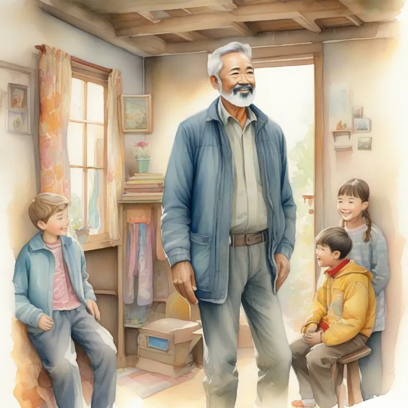 A kind-hearted man with a spark of optimism, wearing worn-out clothes standing in his humble home, surrounded by his family