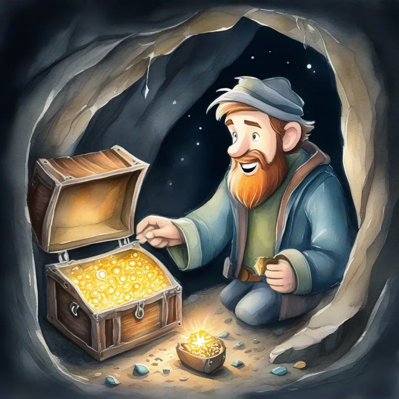 A kind-hearted man with a spark of optimism, wearing worn-out clothes wide-eyed, discovering the treasure chest in the dark cave