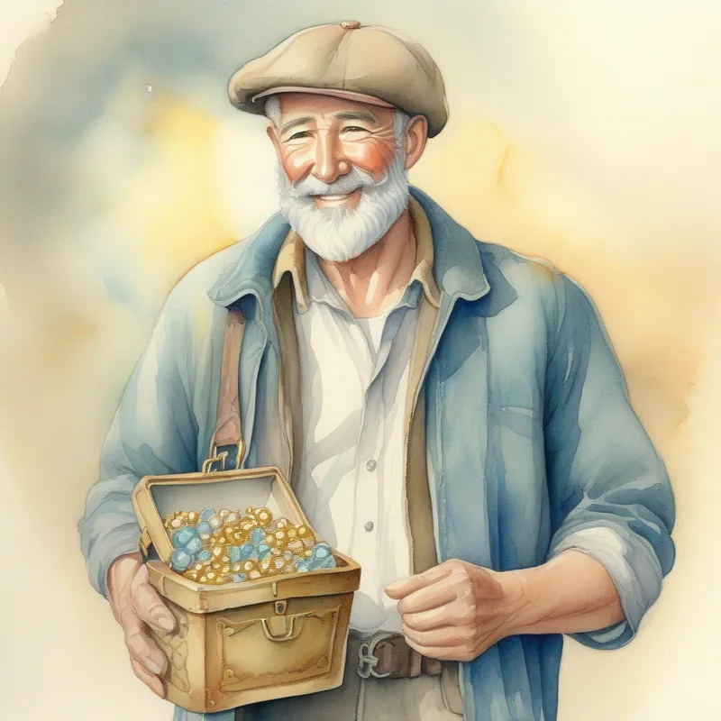 A kind-hearted man with a spark of optimism, wearing worn-out clothes carefully carrying a small portion of the treasure