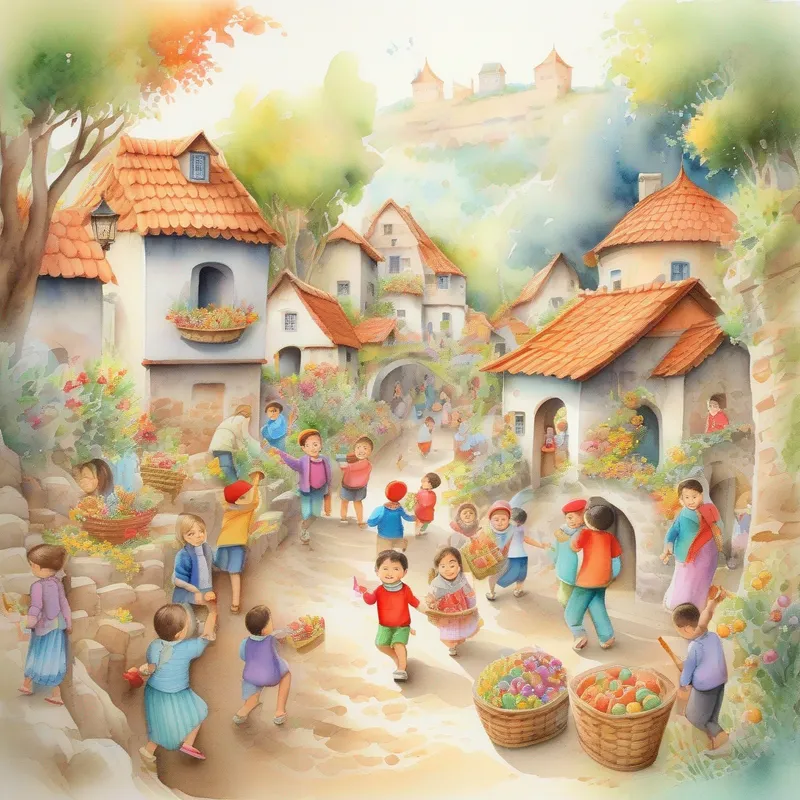 A bustling village with happy people enjoying the treasure's gifts