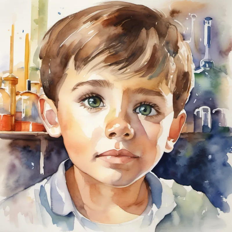 A young, curious boy with brown eyes and short hair's curiosity about seeing chemicals and learning about their measurement.