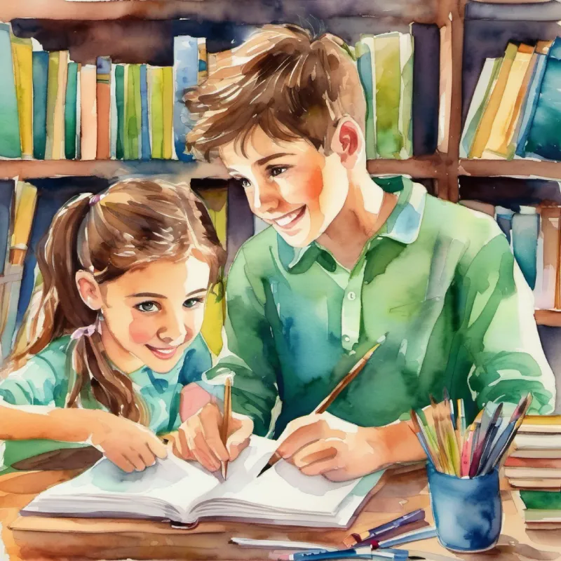 A young, curious boy with brown eyes and short hair teaches A cheerful girl with ponytail and green eyes, highlighting the spread of knowledge.