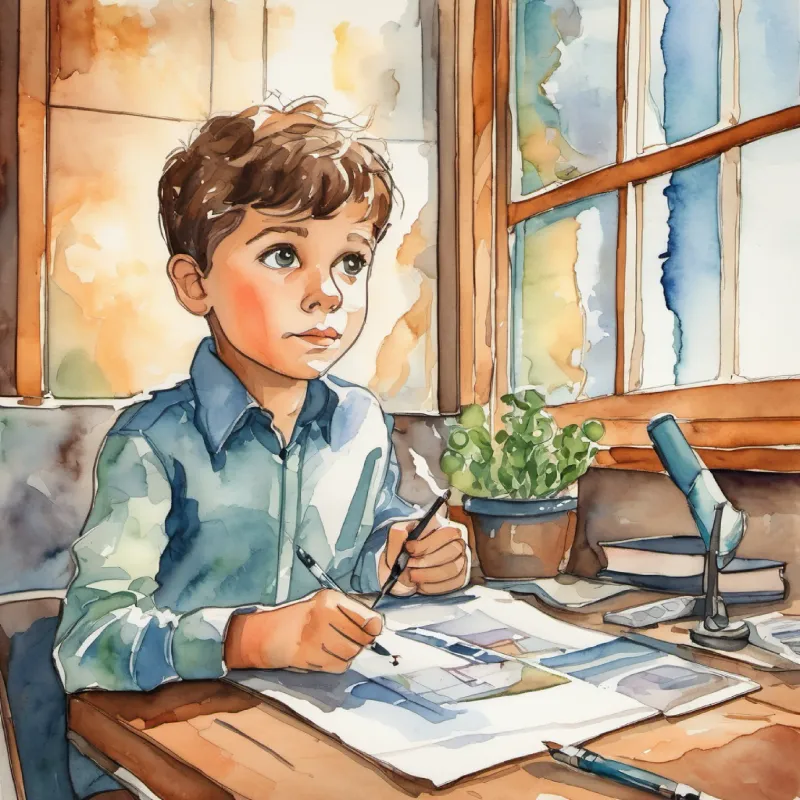 A young, curious boy with brown eyes and short hair's creative outlet in making a comic about Oxygen Man.