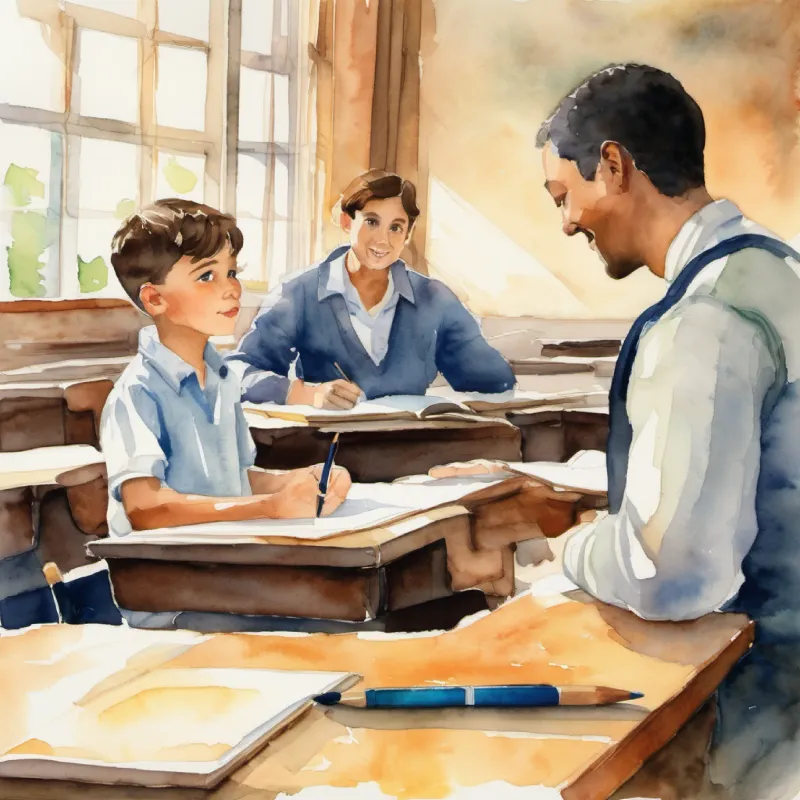 A young, curious boy with brown eyes and short hair receives encouraging words from his teacher about his potential.