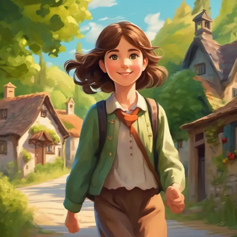 Kind-hearted girl with brown hair, green eyes, with a friendly smile skipping through the village, trees and houses in the background