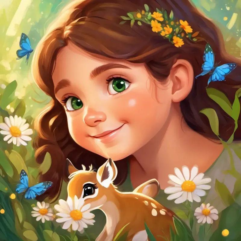 Kind-hearted girl with brown hair, green eyes, with a friendly smile hugging a baby deer, flowers and butterflies around her