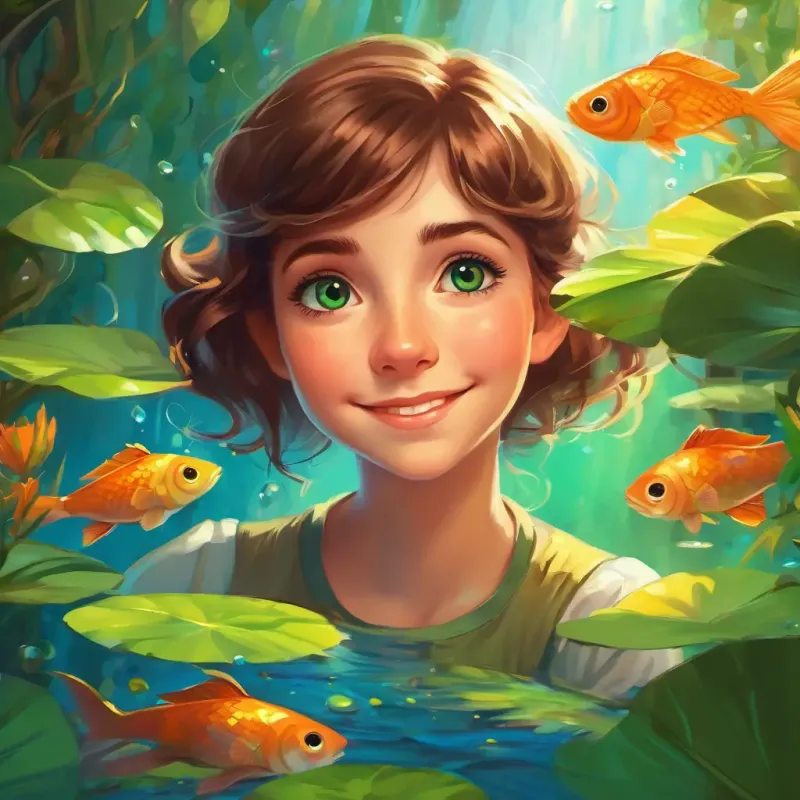 Kind-hearted girl with brown hair, green eyes, with a friendly smile peeking behind a bush, finding a shining pond with colorful fish