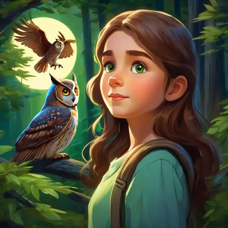 Kind-hearted girl with brown hair, green eyes, with a friendly smile looking up at a majestic owl in the moonlit forest