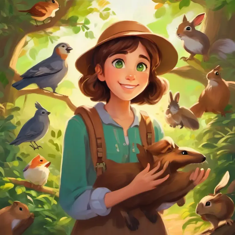Kind-hearted girl with brown hair, green eyes, with a friendly smile with a surprised expression, surrounded by talking birds, rabbits, and squirrels