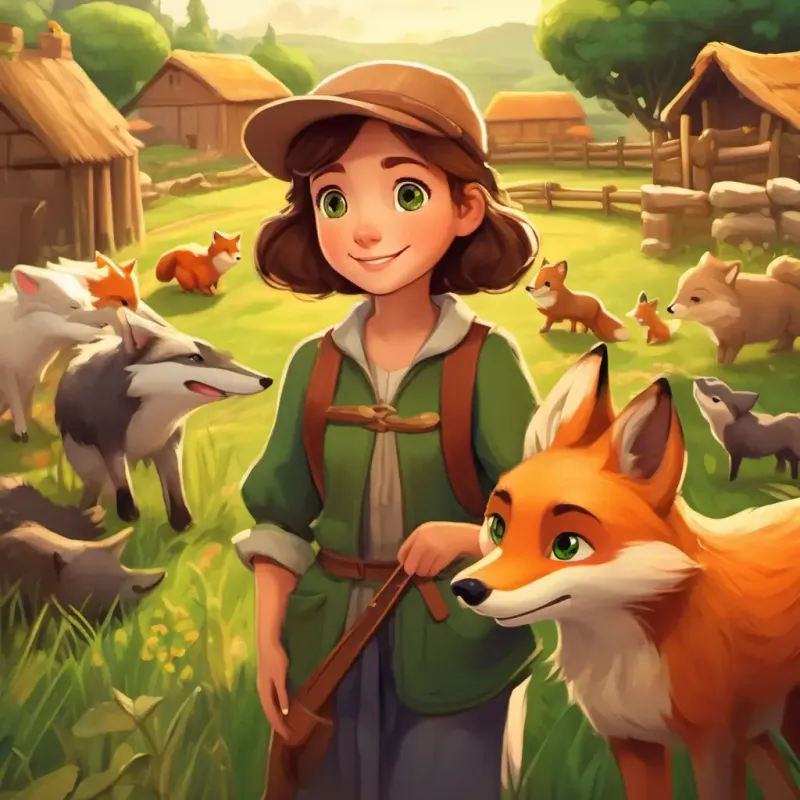 Kind-hearted girl with brown hair, green eyes, with a friendly smile talking with the animals and villagers, solving a dispute between a fox and a farmer