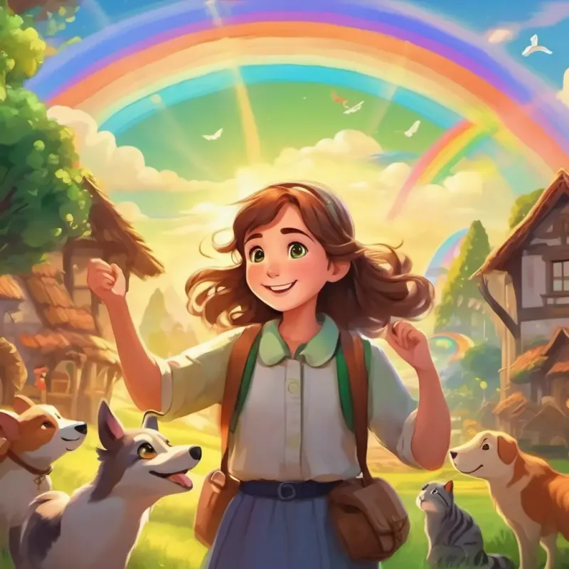Kind-hearted girl with brown hair, green eyes, with a friendly smile being cheered by villagers and animals, with a rainbow in the sky
