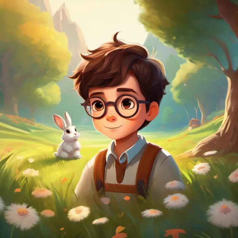 A brave boy with brown hair and warm, curious brown eyes meeting Smart rabbit with fluffy fur and round glasses in a dreamy meadow.