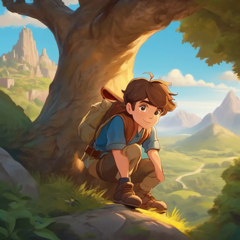 A brave boy with brown hair and warm, curious brown eyes and the rabbit climbing Mount Resolve.