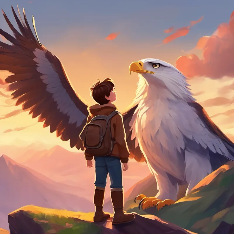 A brave boy with brown hair and warm, curious brown eyes learns about love's endurance from Powerful eagle with sharp eyes and an inspiring wingspan on the mountain.